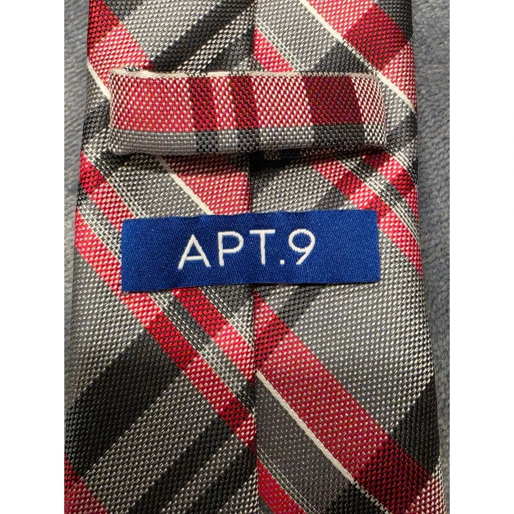 Apt. 9 Mens Plaid Necktie Red Grey Black White Polyester Formal Dress Tie
